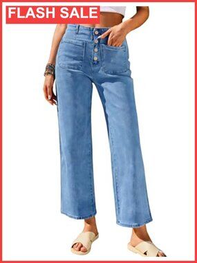 High Waisted Wide Leg Cropped Jeans Buttoned Patch Pockets Stretchy Denim